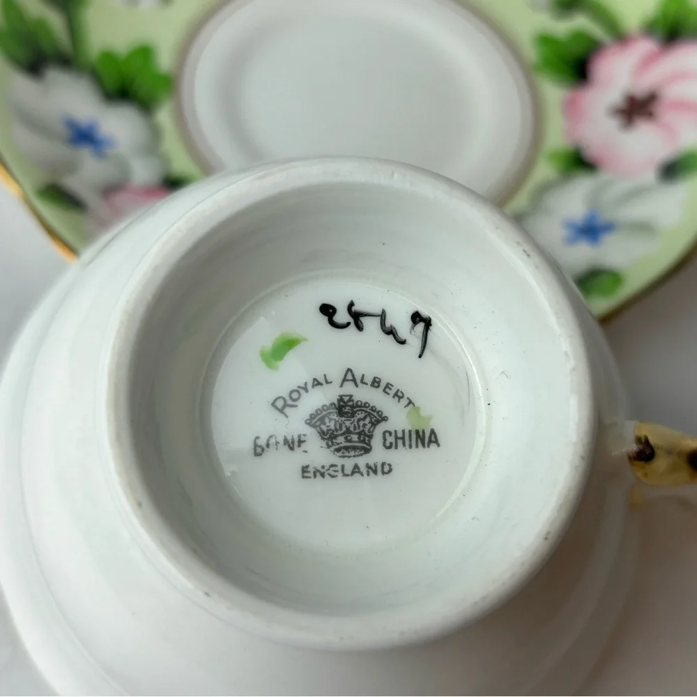 Royal Albert tea cup and saucer England Fine bone china Pink white & apple green